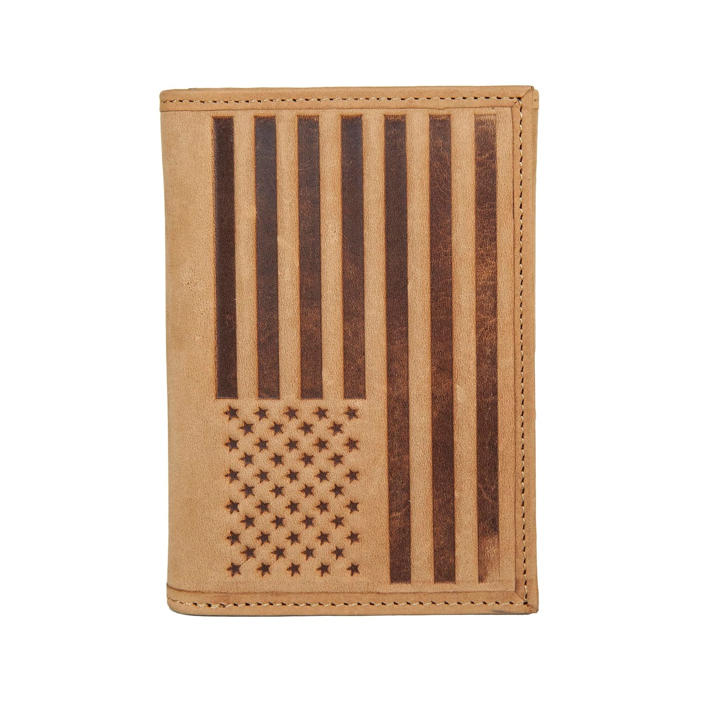 Lucky Brand American Flag Embossed Leather Trifold Wallet for Men with RFID Blocking, Tan