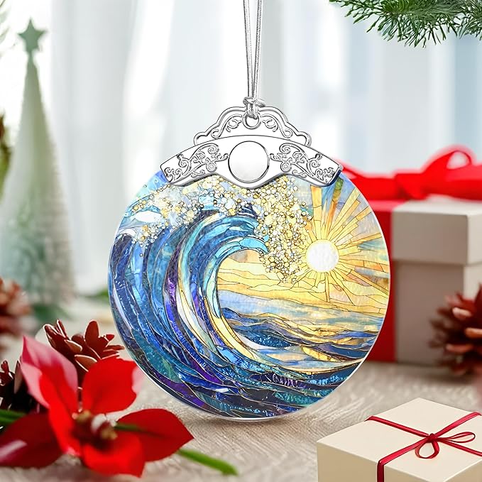 Sea Wave Ornament – Christmas Decoration & Christmas Ornament; Stained Glass Holiday Decoration (Holiday Present, Bauble Present, Gift Idea, Gift Exchange) | Heirloom Keepsakes
