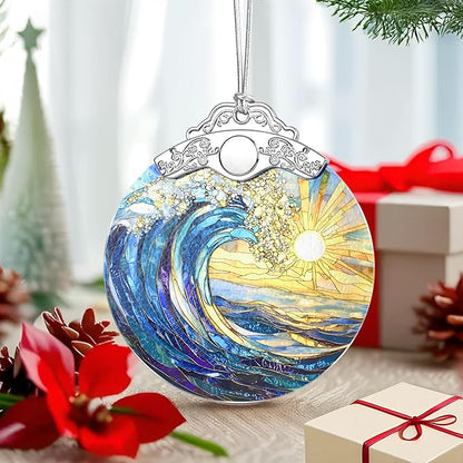 Sea Wave Ornament – Christmas Decoration & Christmas Ornament; Stained Glass Holiday Decoration (Holiday Present, Bauble Present, Gift Idea, Gift Exchange) | Heirloom Keepsakes