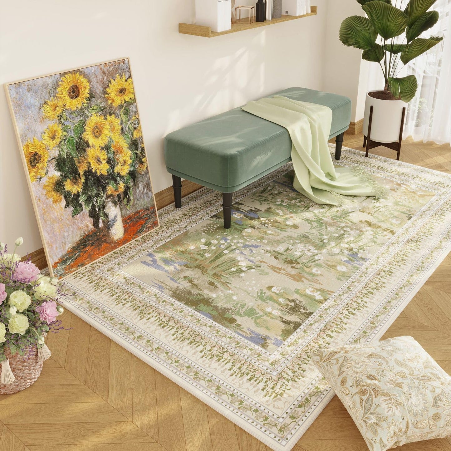Rugcomf 4x6 Rug for Bedroom Impressionist-Style Vintage Washable Rugs Non Slip Low Pile Small Carpet for Bedside Kids Room Office Dining Room, Beige