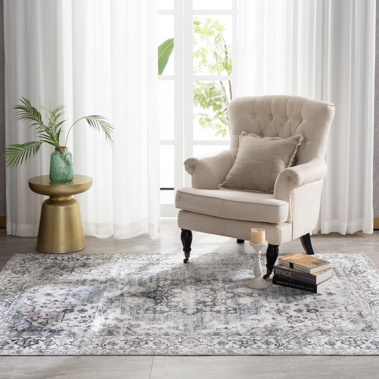 Syalife 3x5 Washable Area Rug, Ultra Soft Non-Slip, Low Pile, Stain Resistant Vintage Area Rug for Living Room, Boho Carpet for Bedroom, Dining Room, Office, Foldable Entryway Rugs, Grey/White