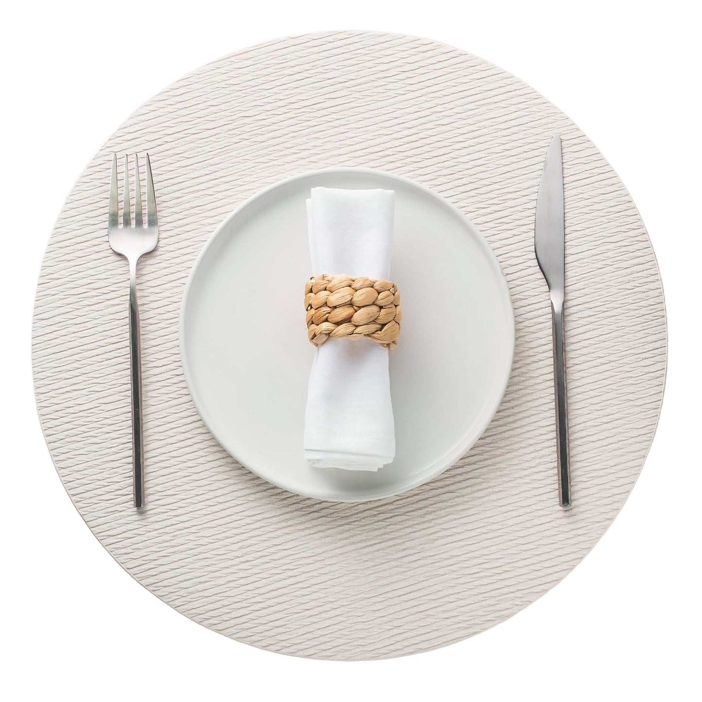 Jovono 15" Faux Leather Big Round Placemats Set of 4 - Washable Heat Resistant Non-Slip Dining Table Mats with Fabric Texture for Kitchen Home Party Decor, White