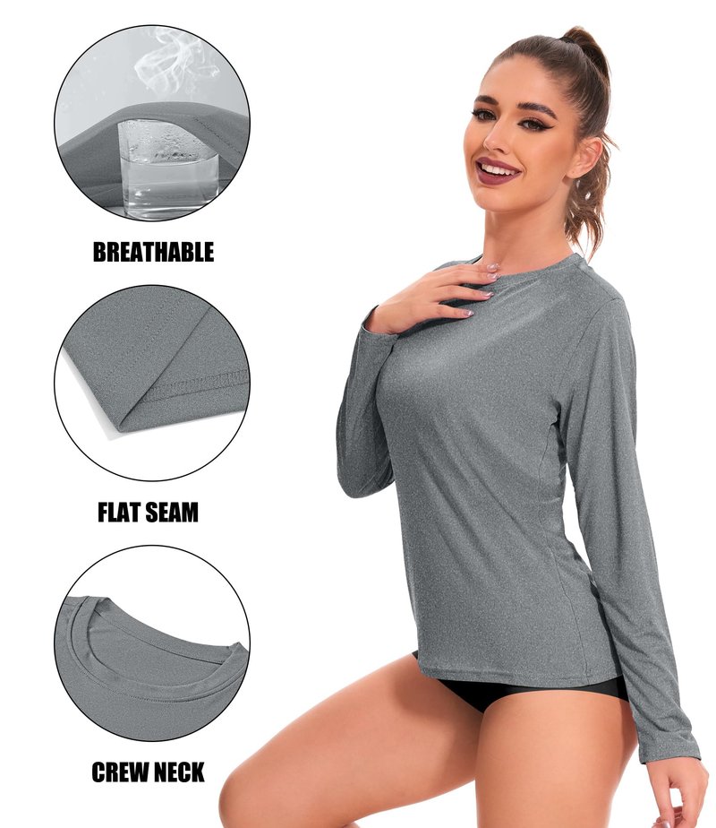 Kinglaman 6 Pack Women's Long Sleeve Workout Dry Fit Shirts, UPF 50+ Rash Guard SPF UV Sun Protection Shirts Crew Neck 1 Black 1 Gray 1 Blue 1 Purple 1 Dark Pink 1 Green Medium