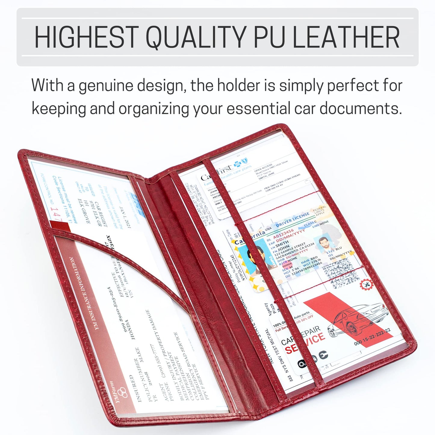 CANOPUS Car Registration and Insurance Holder, PU Leather Card Holder, Vehicle Glove Box Organizer for Auto, SUV, Truck, Red