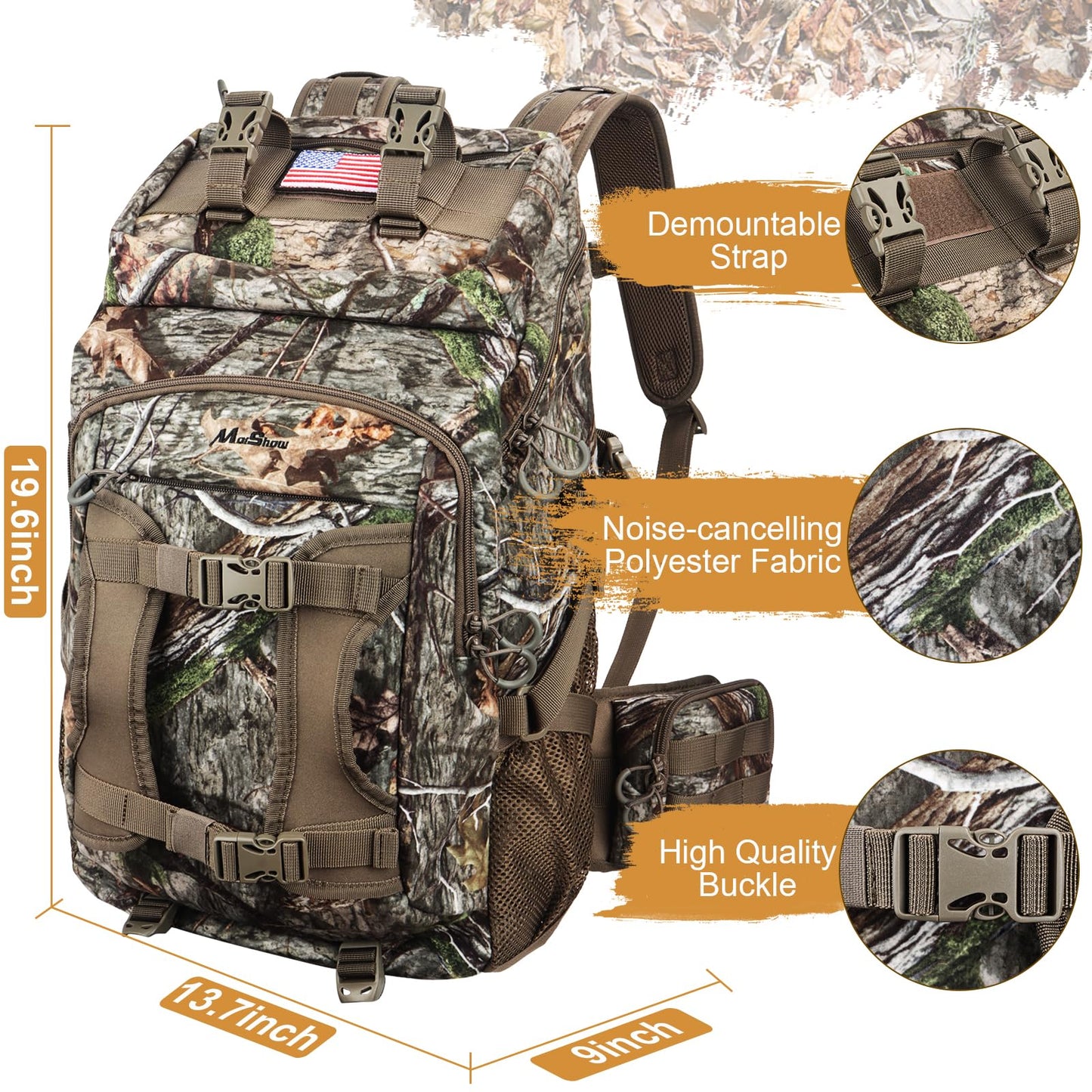 MoiShow Hunting Backpack, Outdoor Hunting Pack with Rifle Holder, Hunting Backpacks for Men, Hunting Bag with Waterproof Rain Cover