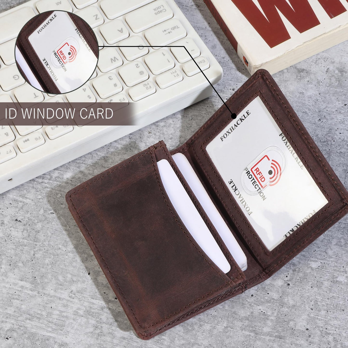 FOXHACKLE Full Grain Leather Credit Card Holder For Men and Women, Small RFID Blocking Bifold Wallet (With ID Slot, Hunter Coffee Brown)