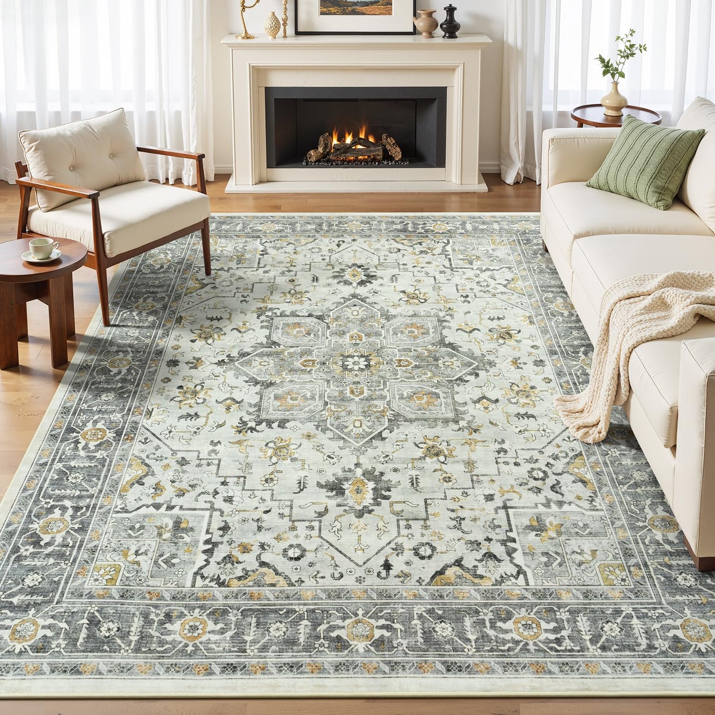Vibrug Boho Taupe 5x7 Living Room Rug - Modern Vintage Eclectic Floral Pastel Neutral Grey Carpet, Washable Low Pile Non-Slip Extra Large Area Rugs for Dining Under Table, Bedroom, Nursery, Lounge