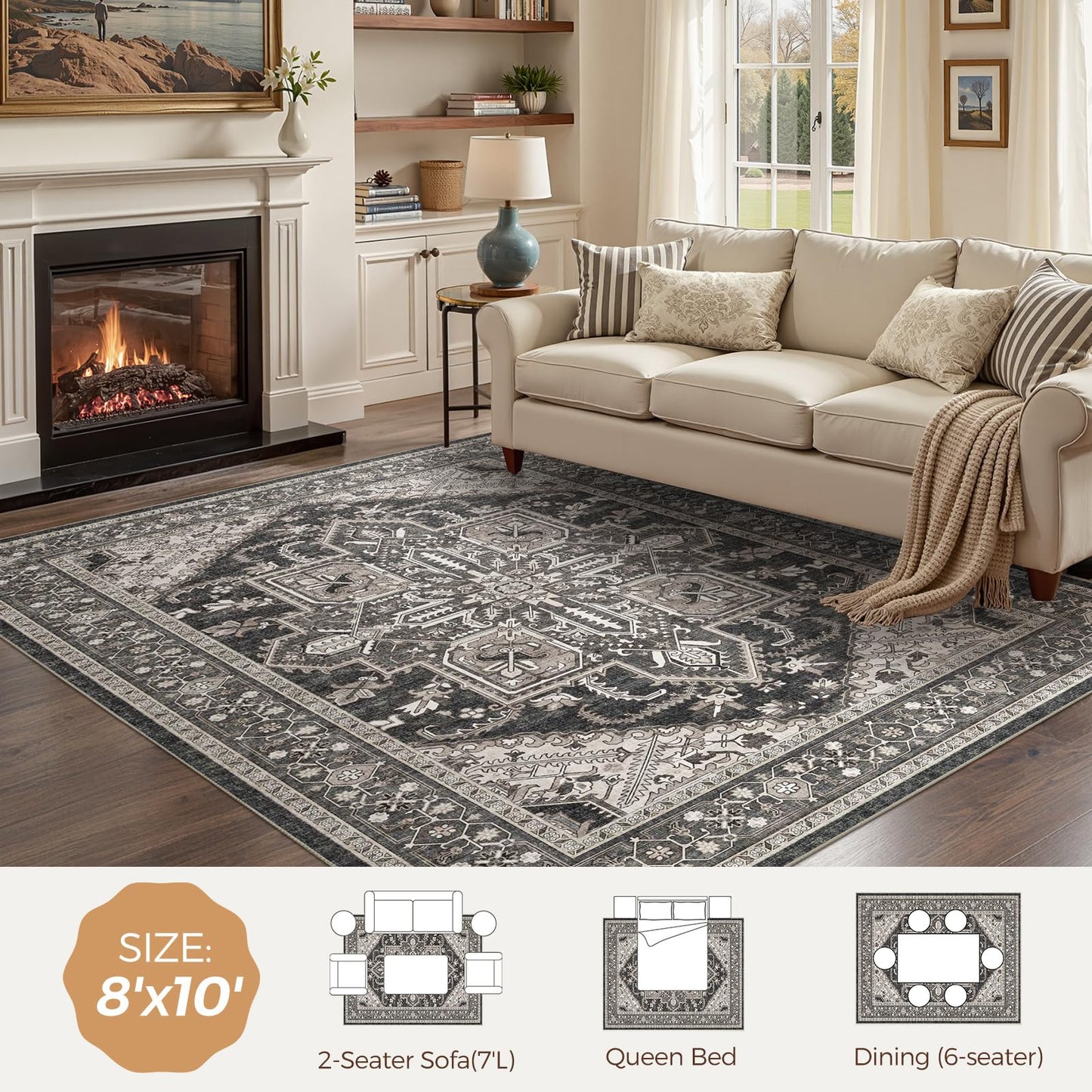 WITSHOCK Living Room Area Rugs 8x10: Washable Rug Boho Soft Non-Slip Low Pile Stain Resistant Foldable Carpet for Bedroom Playroom Dining Room Office Kitchen Farmhouse Home Decor Rug-Bitter Black
