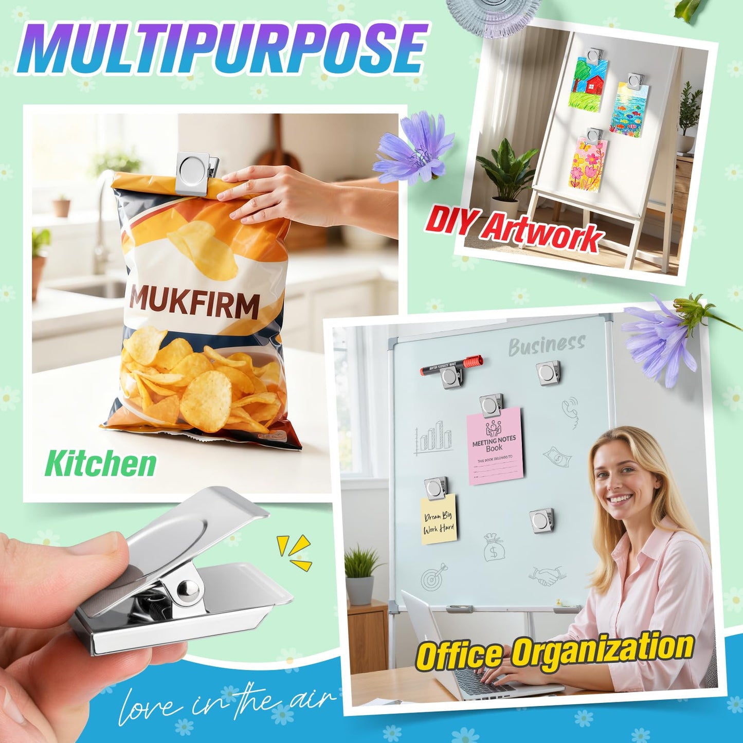MUKFIRM 12 Pack Large Magnetic Clips Heavy Duty, Strong Magnet Clips for Notes, Fridge Magnets, Refrigerator Magnets Clip for Organization, Chip Clip Magnets for Whiteboard, Classroom, Cruise, Office