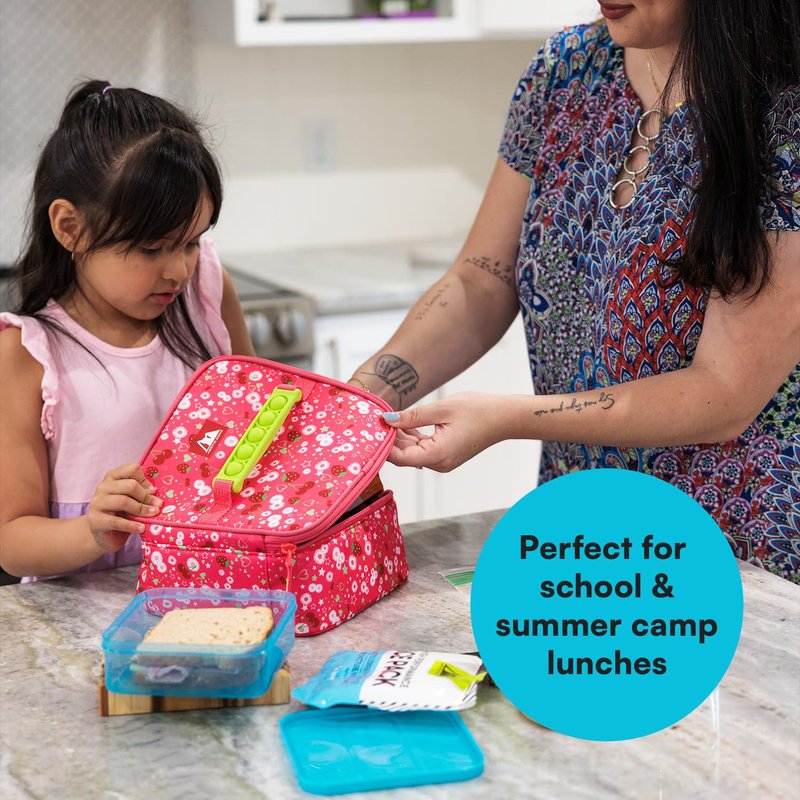 Arctic Zone Kids Lunch Box Combo with Gel Ice Pack and Sandwich Container, Insulated Bag for Travel Lunch, Sensory Fidget Handle, Very Berry Cherry