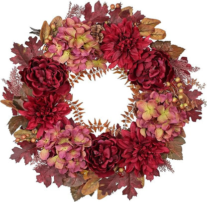 Hollyone 24inch Fall Wreath for Front Door Fall Decor Autumn Wreath Artificial Flower Wreaths with Hydrangea Peonies Dahlia Handmade Outdoor Indoor Halloween Farmhouse Harvest Decorations for Home