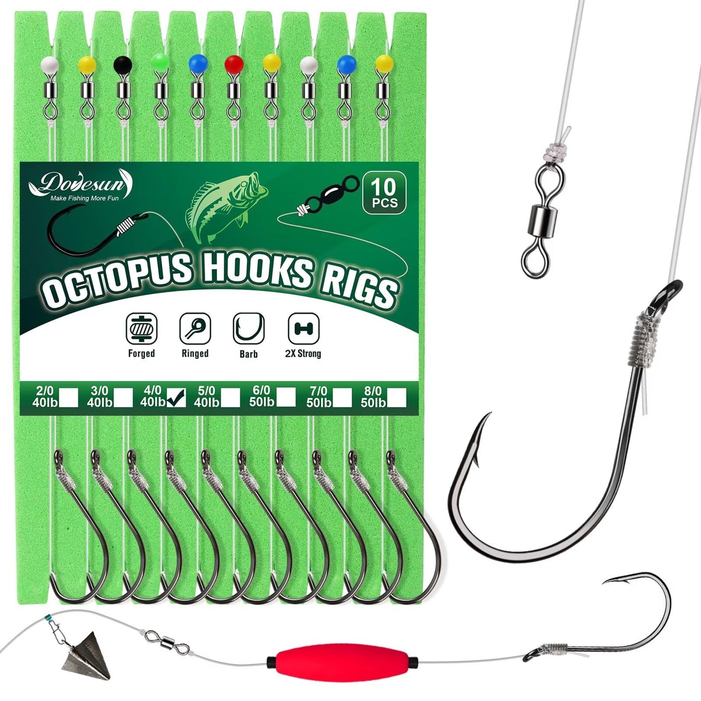Dovesun 10PCS Pre-Rigged Catfish Rig Octopus Hooks Rigs Offset Circle Hooks for Catfish Fishing in Saltwater Freshwater 4/0