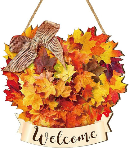 Boao Thanksgiving Welcome Door Sign Maple Leaves Hanging Decor Fall Wooden Sign Autumn Decorations Pumpkin Maple Leaves Wood Hanger for Outdoor Farmhouse Front Porch