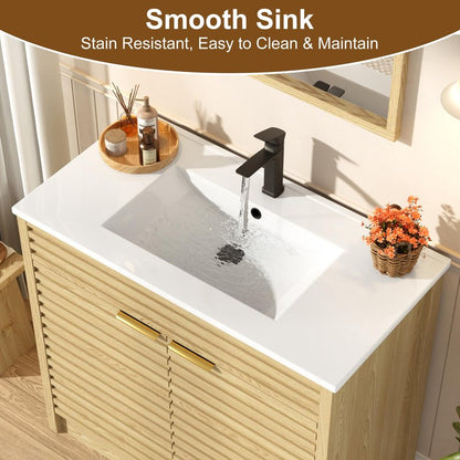 Squireewo 36 Inch Bathroom Vanity with Sink, Mid-Century Modern Bathroom Vanity with Storage Cabinet, Freestanding Bathroom Cabinet with Door Shelves and Faucet, Light Oak