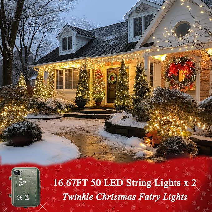 Pink String Lights Battery Powered, 2 Pack Total 33 FT 100 LED Christmas String Lights for Indoor Outdoor Decoration, Twinkle Fairy Light for Halloween Home Party Room