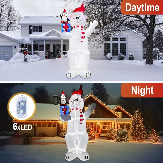 12.2FT Giant Christmas Inflatable Polar Bear & Penguin with Xmas Gift Box Decoration, Christmas Blow Up Penguin and Bear Inflatable Built-in 6 LED for Christmas Inflatables Outdoor Decoration