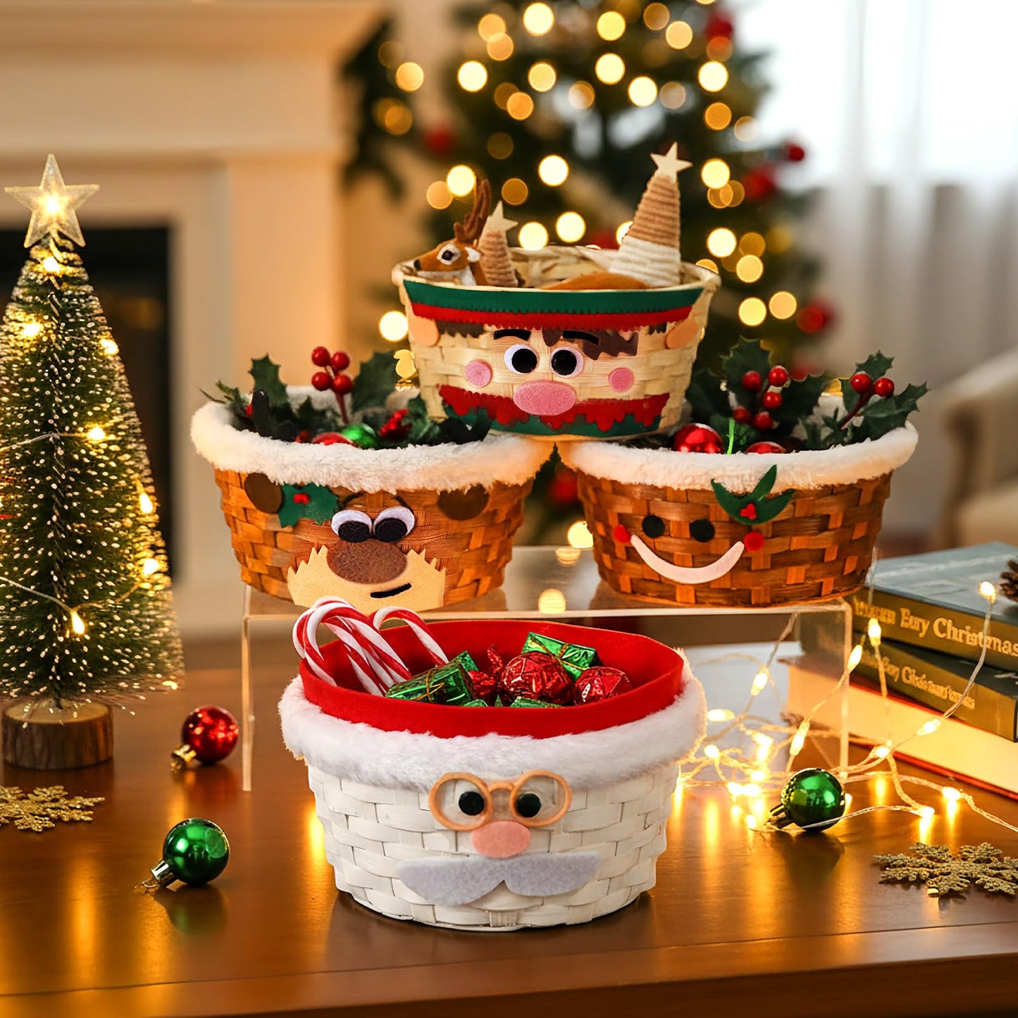 Youyole 4 Pieces Christmas Basket for Gifts Woven Bamboo Xmas Round Gingerbread Basket Small Santa Claus for Christmas Party Supplies Gift Snack Storage (Cute)