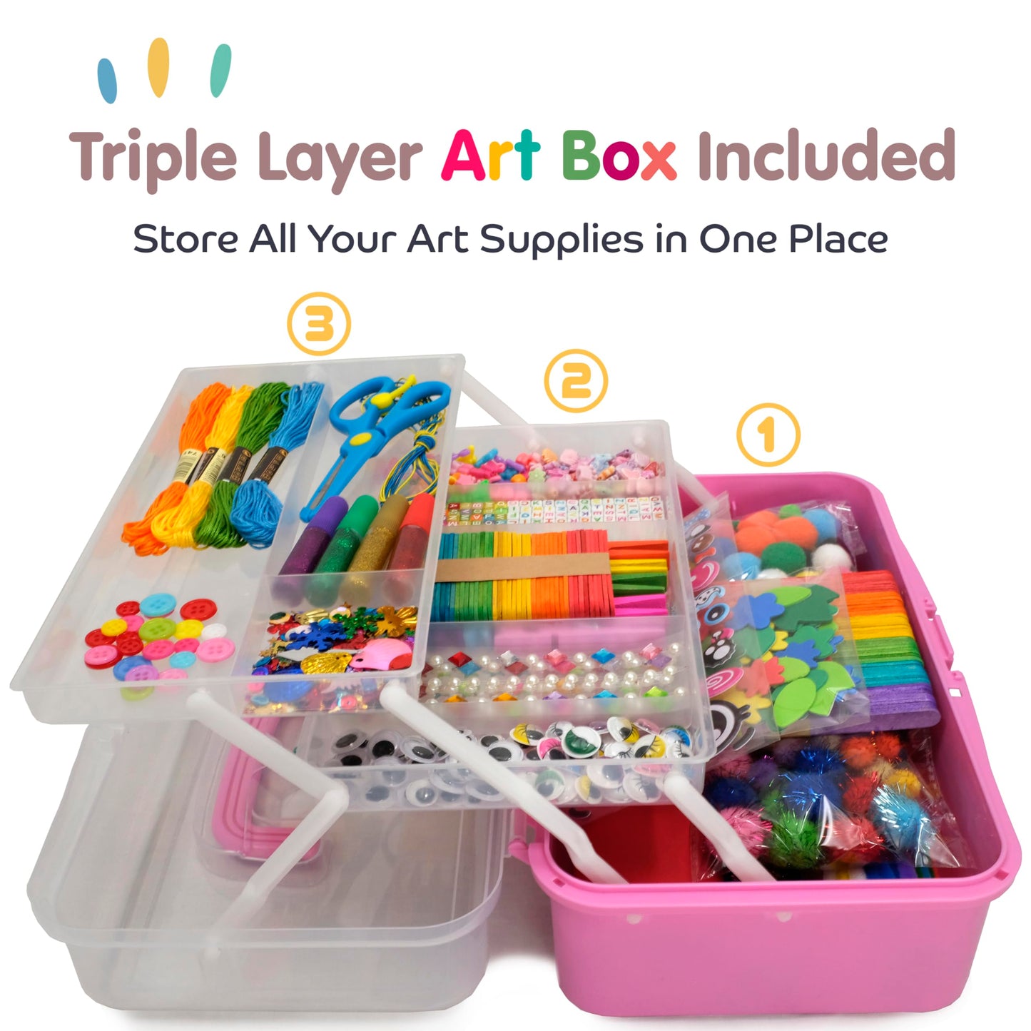 Olly Kids Arts and Crafts Supplies for Kids Girls 4 5 6 7 8 9 10 11 & 12- Ultimate Crafting Supply Carboodle in Portable 3 Layered Plastic Art Box