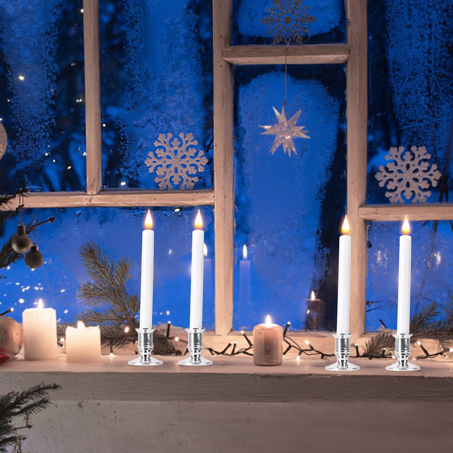 POQCCT LED Flameless Window Candles with Remote Timer 10 PCS Battery Operated Flickering Taper Candle Lights with Removable Sliver Candle Holders Best Gift for Xmas Wedding Home Dinner Décor