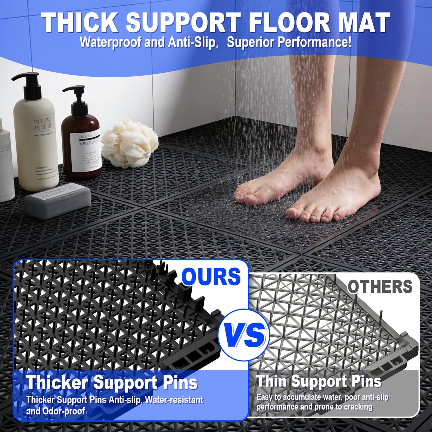 16 PCS Modular Interlocking Cushion Interlocking Floor Tiles with Hole Drainage Mat 10" x 10" Non Slip Pool Deck Mat Outdoor for Drain Deck Pool Patio Shower Kitchen Balcony (Black)