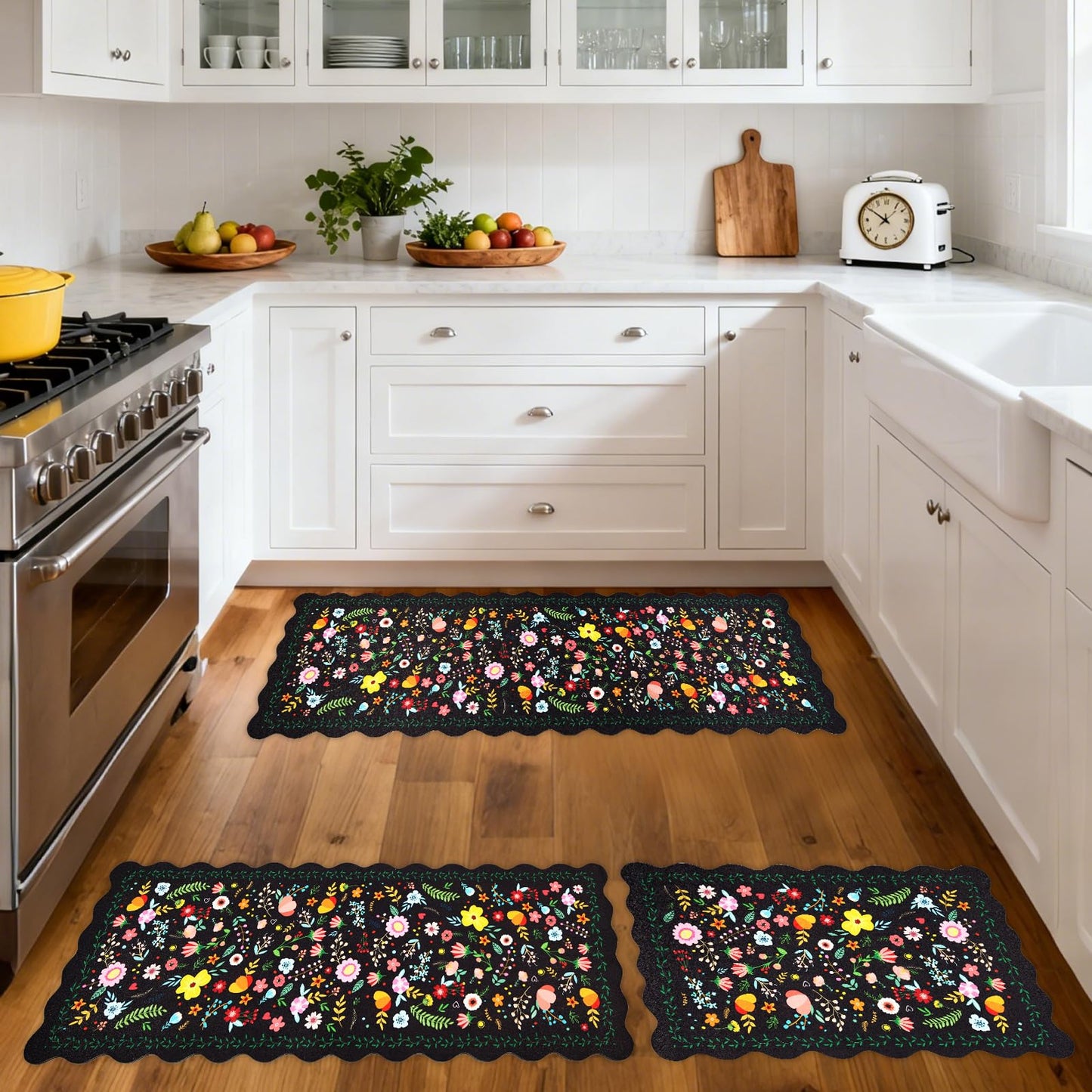 CQKEDMA Scalloped Kitchen Mats for Floor 3 Piece Set, Kitchen Floor Mat Non Slip Washable, Narrow Kitchen Runner Rugs Waterproof Boho Floral Standing Mat Door Mat for Sink Laundry, Hallways, Black