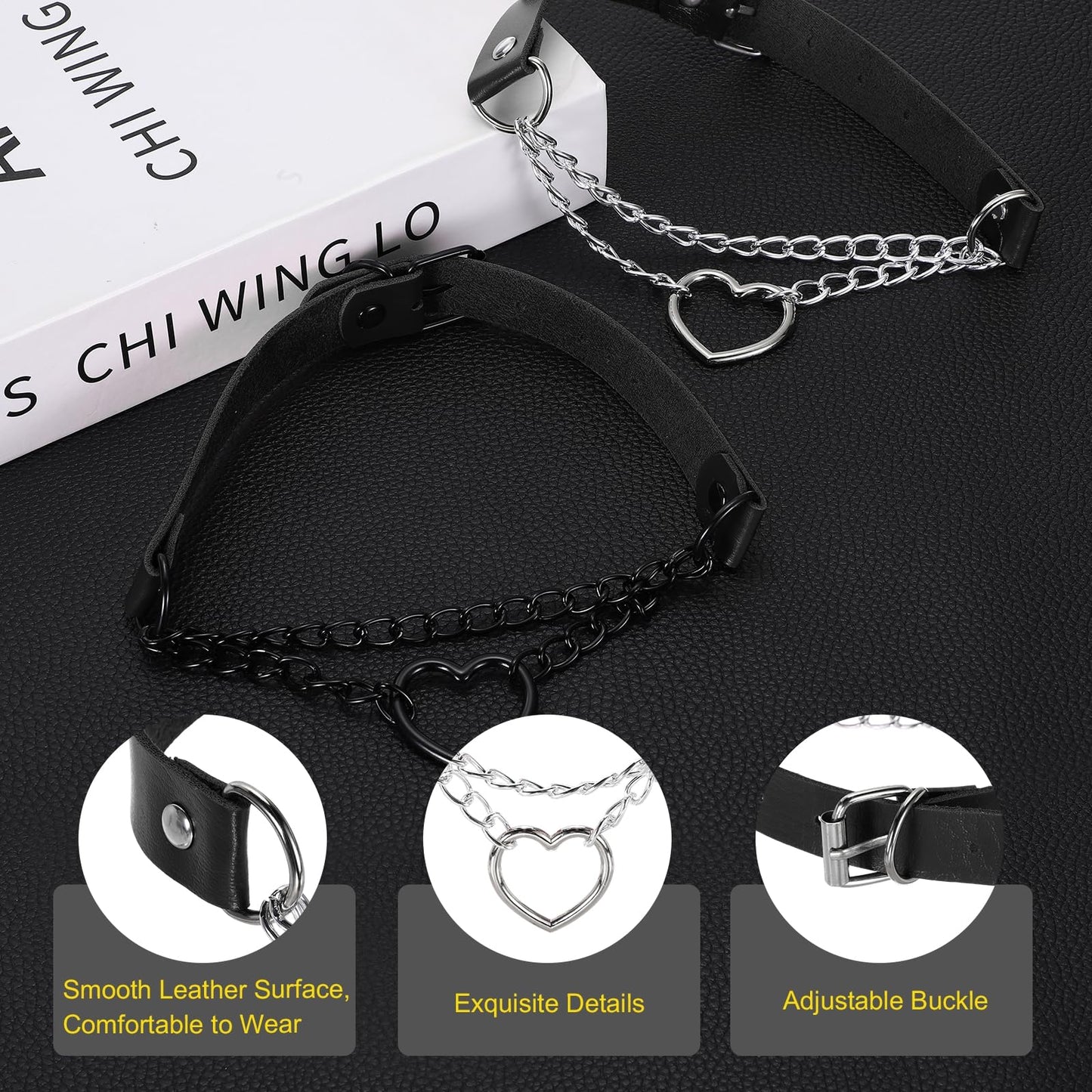 MECCANIXITY PU Leather Chokers, Love Heart Chokers Collar Necklace Gothic Punk Grunge Emo Necklace Gothic Jewelry Accessories Adjustable PU Collar for Women, Black/Silver Black, 2Pcs