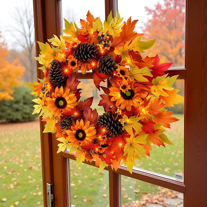 20-inch Fall Wreath, Battery Operated Autumn Wreath with 20 Fairy Lights, Sunflower, Pine Cones, Maple Leaves, Orange & Purple Berries