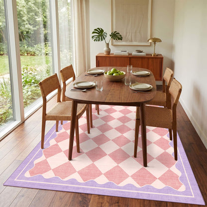 OHWPEAT Pink Purple Checkered Washable 5x7 Area Rug for Living Room, Non Slip Low Pile Cute Rug for Nursery, Soft Indoor Carpet for Bedroom, Kids Nursery, Classroom, Playroom, Kitchen, Dining, Dorm