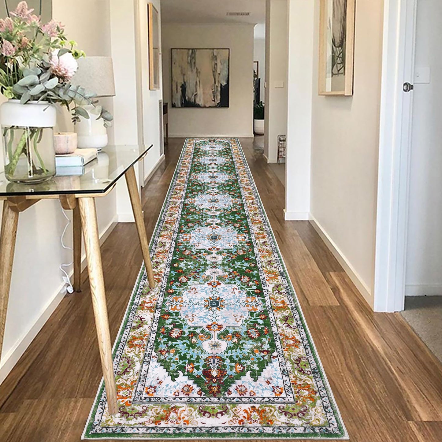 U'Artlines 2' x 14' Long Boho Hallway Runner Rug, Non Slip Washable Vintage Farmhouse Accent Area Rug Carpet for Kitchen Entryway Laundry and Living Room Green