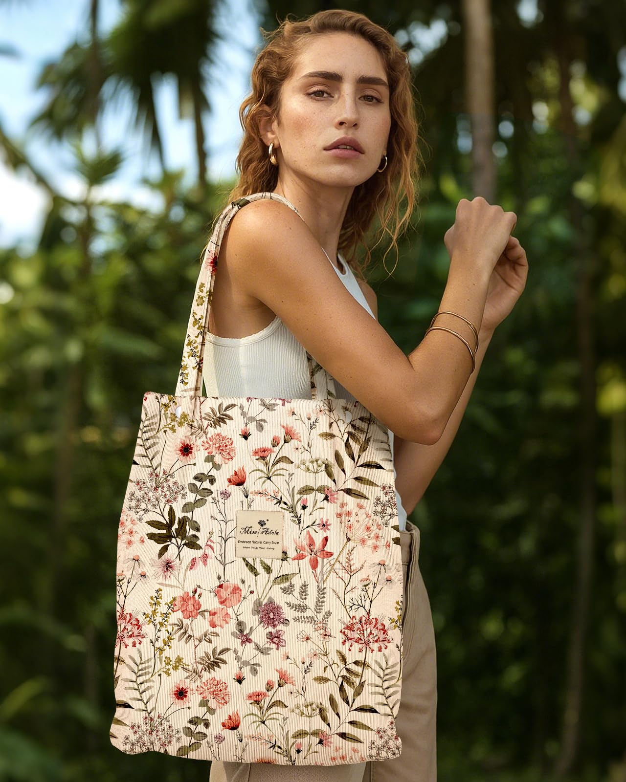 Miss Adola Corduroy Tote Bag for Women - Reusable Totes with Inner Pocket & Buckle Cute Aesthetic Design Cloth Shopping Grocery Shoulder Bag for Work Travel, Flower