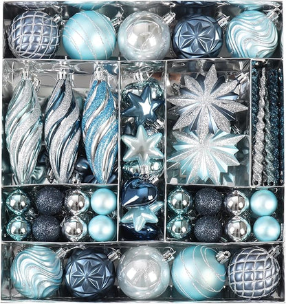 82Pcs Blue and Silver Christmas Ornaments Set,Shatterproof Christmas Decorations for Tree Assorted Plastic Craft Baubles Snowflake Ball Ornaments for Holiday Xmas Party Decor (Blue & Silver)