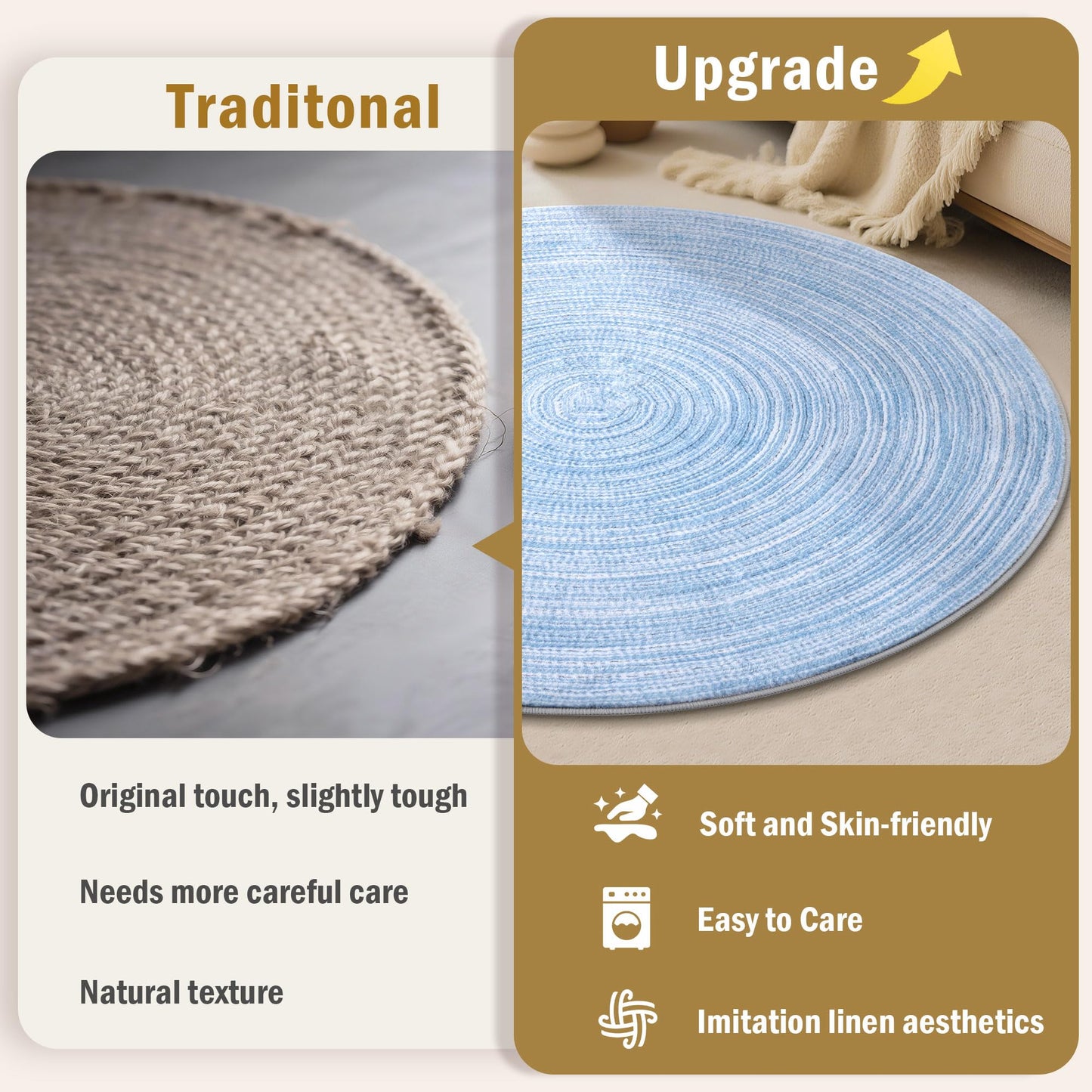 Carvapet Faux Jute Round Rug 5ft – Blue Jute-Like Pattern Design Washable Low Pile Area Rug with Non-Slip Rubber Backing, Soft Circle Carpet for Living Room Bedroom Nursery Bathroom