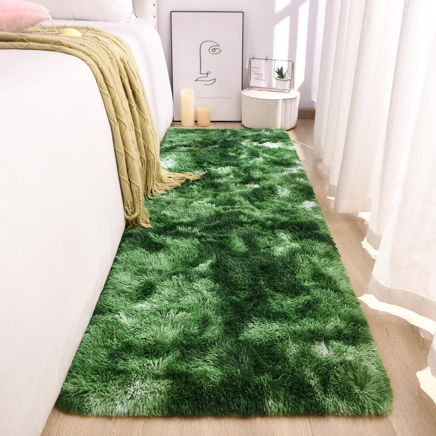 DweIke Fluffy Dark Green Runner Rugs for Bedroom, 2x6 Feet Soft Plush Long Moss Runners for Girls Boys Kids, Non-Slip and Machine Washable Bedside Rug, Small Throw Carpet for Hallway Rooms Decor