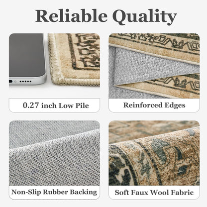Jainmy Vintage Distressed 5x7 Area Rugs for Living Room Bedroom Non Slip Washable, Medallion Pattern Printed Low Pile Thin Carpet Rugs for Dining Room/Kitchen/Home Office, Multi Brown Olive Accents