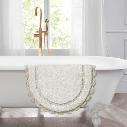 Laura Ashley Eloise 100% Cotton Oval Bath Mat with Crochet Border, Soft & Absorbent, Sandshell Beige 24" x 60" Bathroom Rug