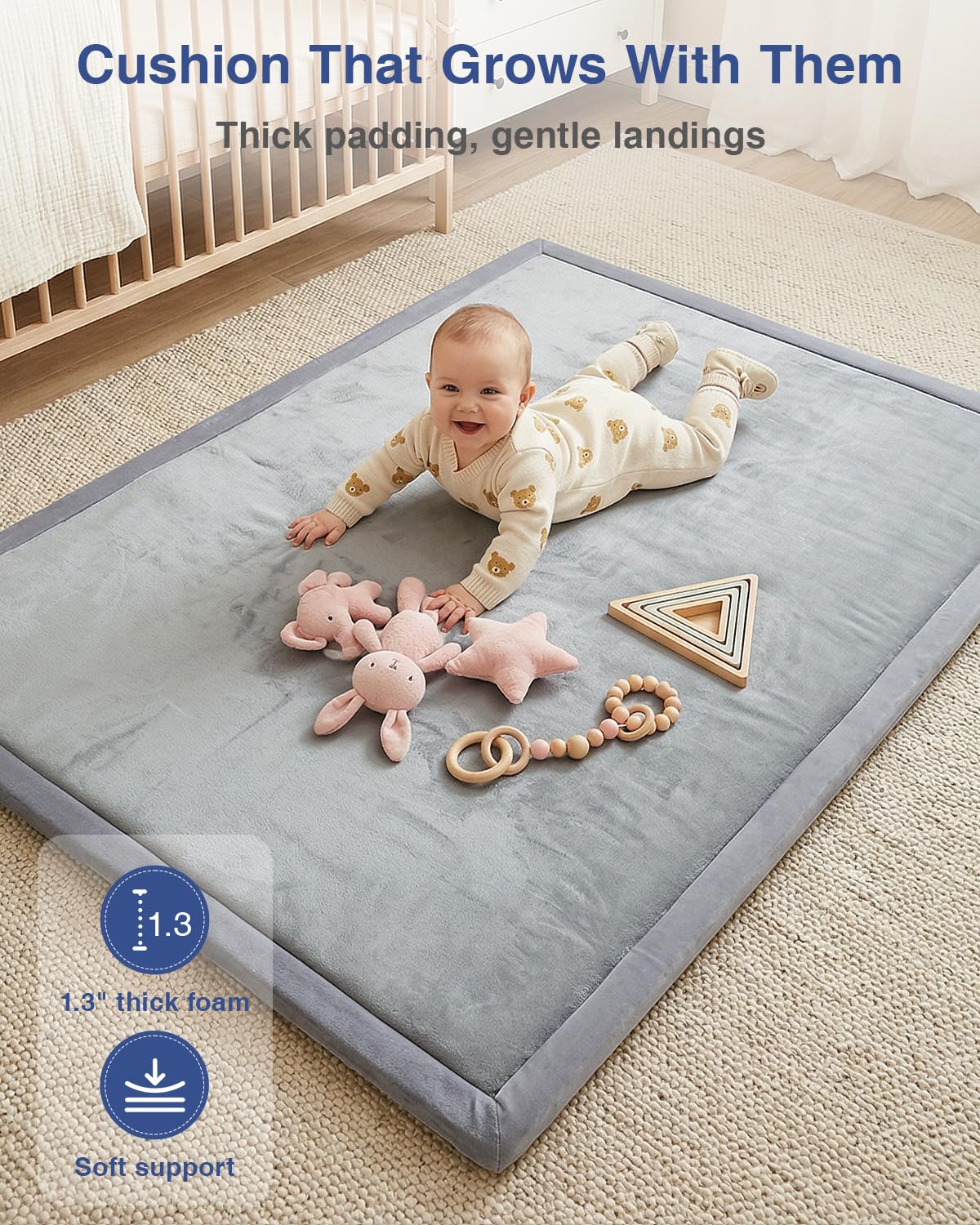 Baby Play Mat for Floor,1.3" Thick 47x47 Play Mat for Playpen,Tummy Time Foam Mats,Plush Soft Padded Playmate for Babies 6-12 Months Crawling,Non-Slip Nursery Rug for Toddler Kids Playroom(Grey)