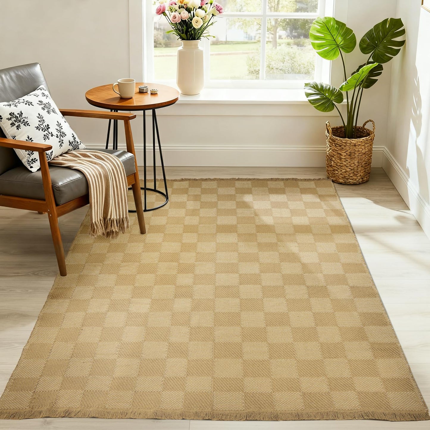 BESTSWEETIE 4'x6' Washable Rug Hand-Woven Low Pile Soft Checkerboard Pattern Reversible Checkered Braided Rugs with Short Fringe Carpet for Living Room Bedroom Dining Room Home Decor - Naturejute
