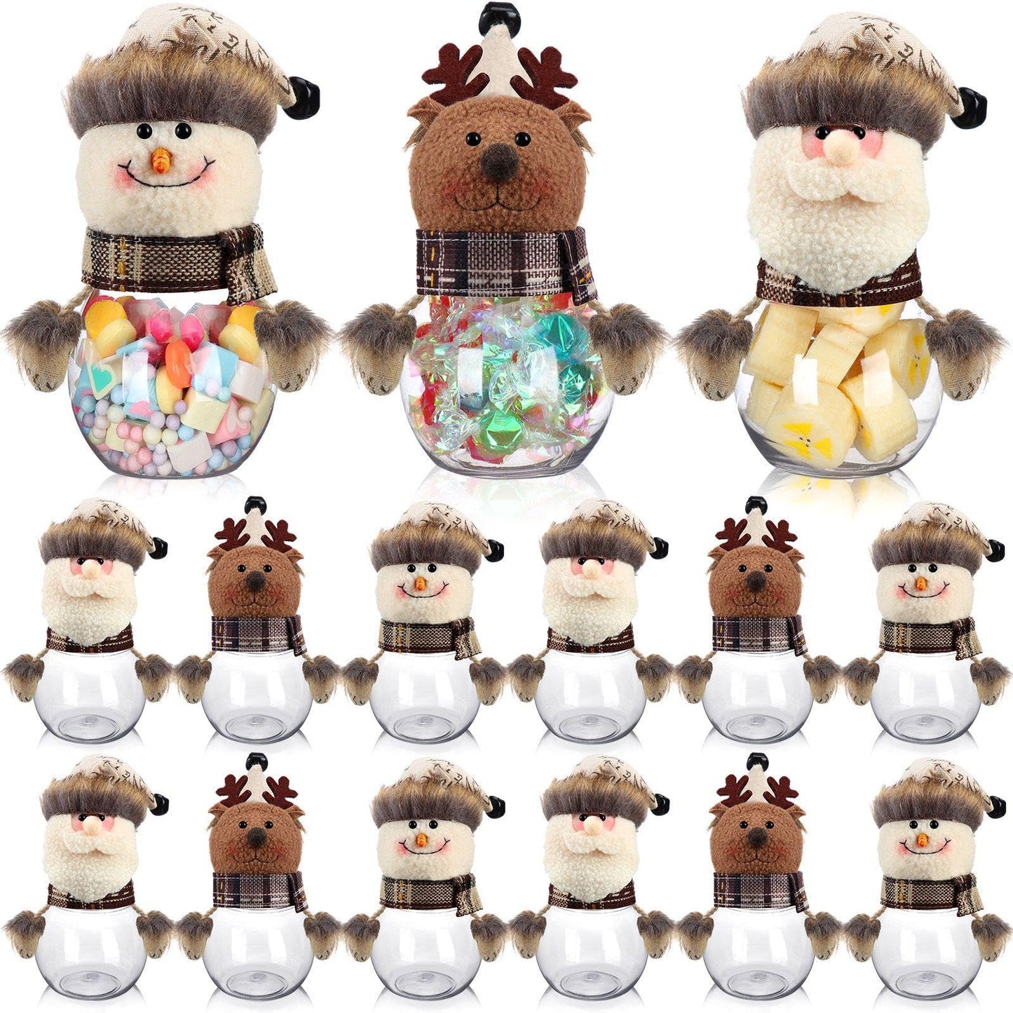 12 Pcs Christmas Candy Jars with Snowman Santa Elk Doll Lid 5.91 x 3.15 Inch Plastic Clear Christmas Cookie Jar Snack Food Storage Container for Home Decoration Xmas Gifts Holiday Party Favors