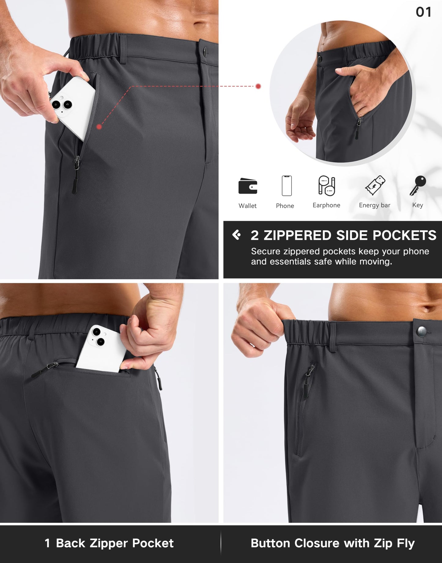 Pudolla Mens Hiking Shorts 5"/7"/9" Lightweight Quick Dry Casual Golf Shorts for Men Work Fishing with 3 Zipper Pockets(Dark Grey 9 Inseam-L)