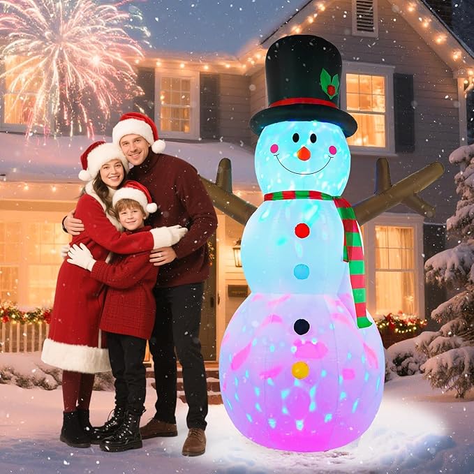 Snowman Inflatable Christmas Yard Decorations 8ft Giant Frosty Blow Up Snowman Inflatables Outdoor Rotating Colorful Led Lights Blowups Merry Xmas Winter Decor for Indoor Outside Lawn Vacation