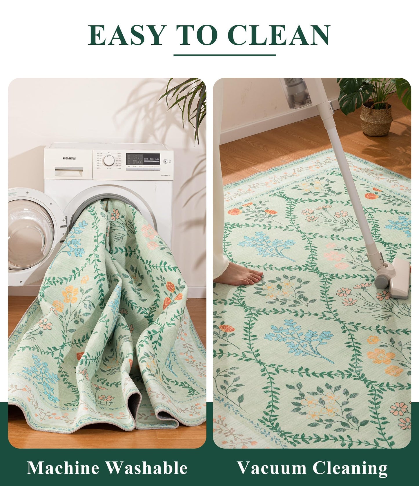YIHOUSE Green Floral 5x7 Area Rugs for Bedroom Girls, Washable Rug for Living Room Non Slip Ultra-Thin, Large Boho Carpet for Kids Playroom, Classroom, Dorm, Nursery, Green Multi