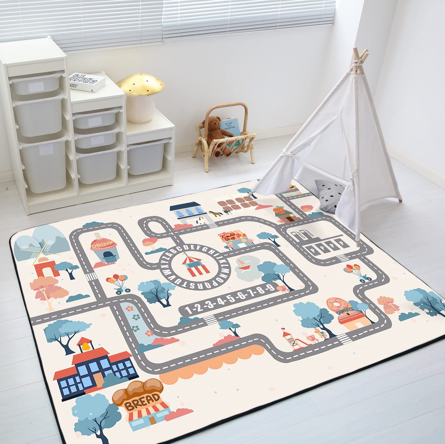 Loartee Soft Kids Educational Rug - 0.78" Thick Road Rug, ABC Alphabet & Numbers Play Mat for Toddlers, Game Area Rug, Baby Crawling Mats, Sweet Life, Beige