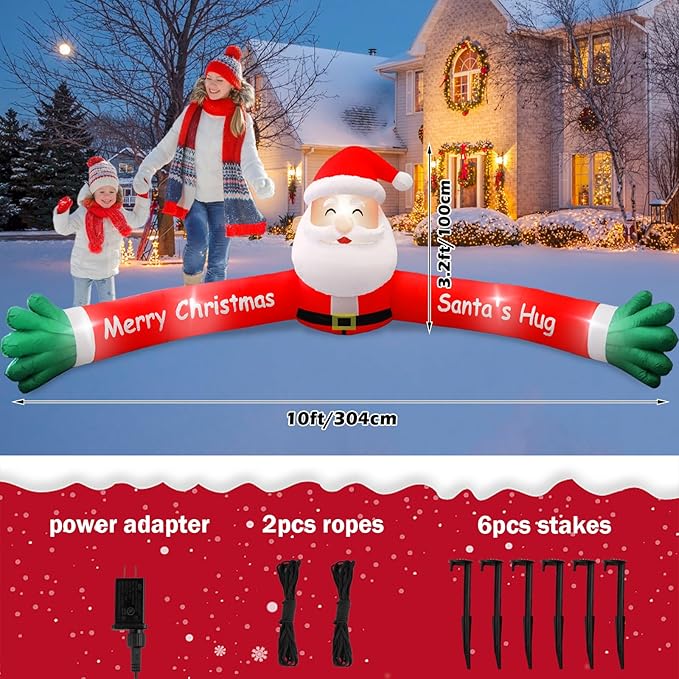 10FT Christmas Hugging Inflatable Santa Claus for Xmas Holiday Blow Up Weatherproof Outdoor Christmas Decorations for Garden Yard