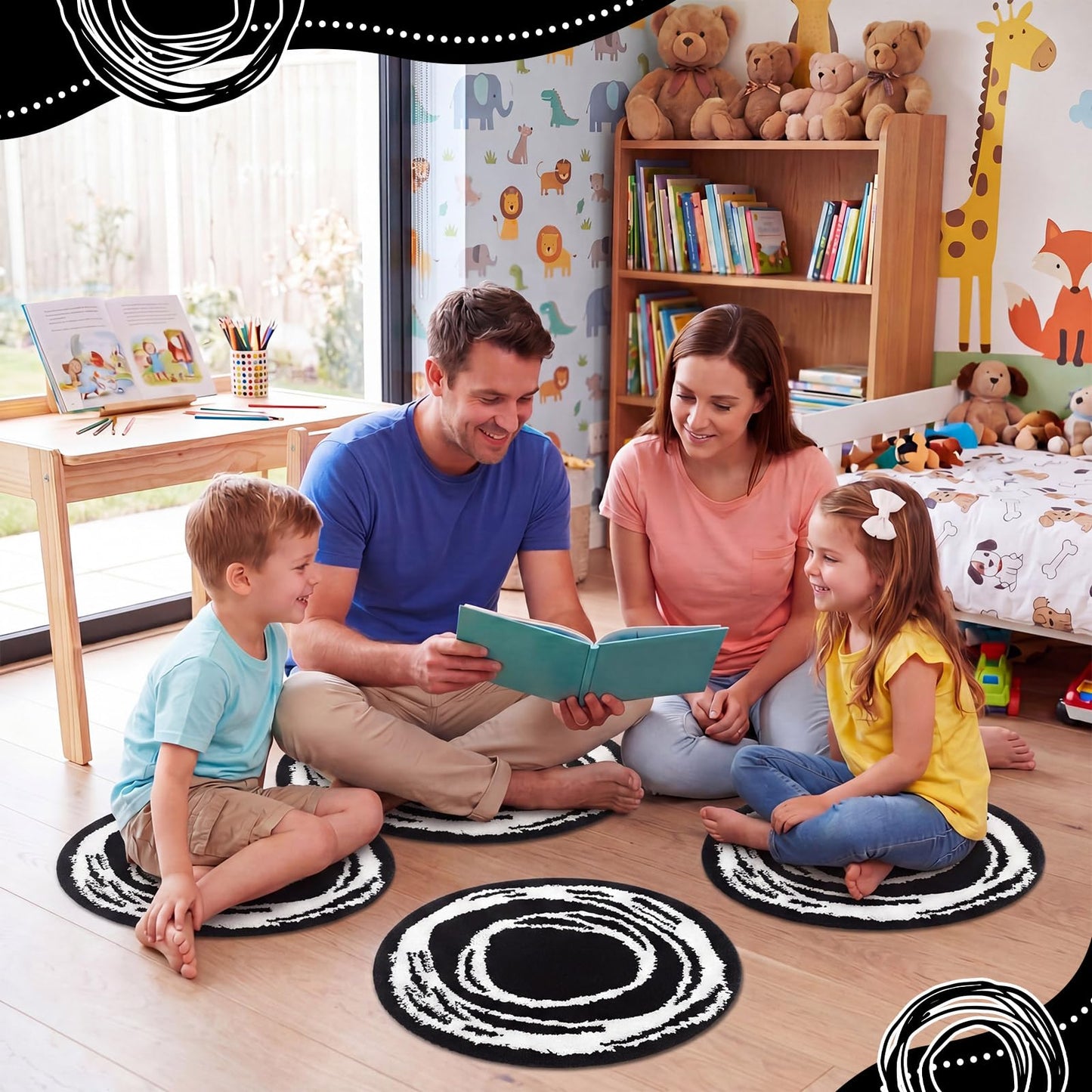 Teenyyou 6 Pcs 16" Black Fluffy Round Classroom Rug Elementary Sampler Abstract Educational Fuzzy Plush Area Rug Kid Room Children Classroom Carpet Playroom Learning Black Round Flexible Seat