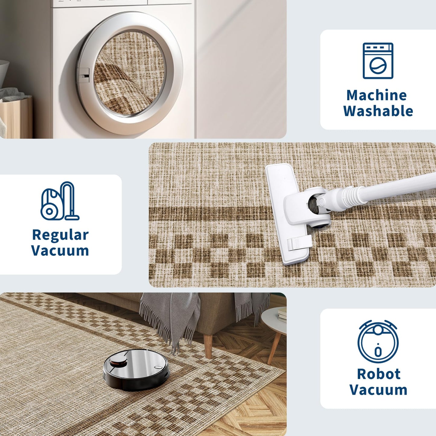 4ft Washable Round Rug for Entryway Modern Checkered Bedroom Circle Rug Non Slip Soft Dining Room Round Throw Carpet Small Stain Resistant Border Round Rugs for Living Room Kitchen Bathroom, Taupe
