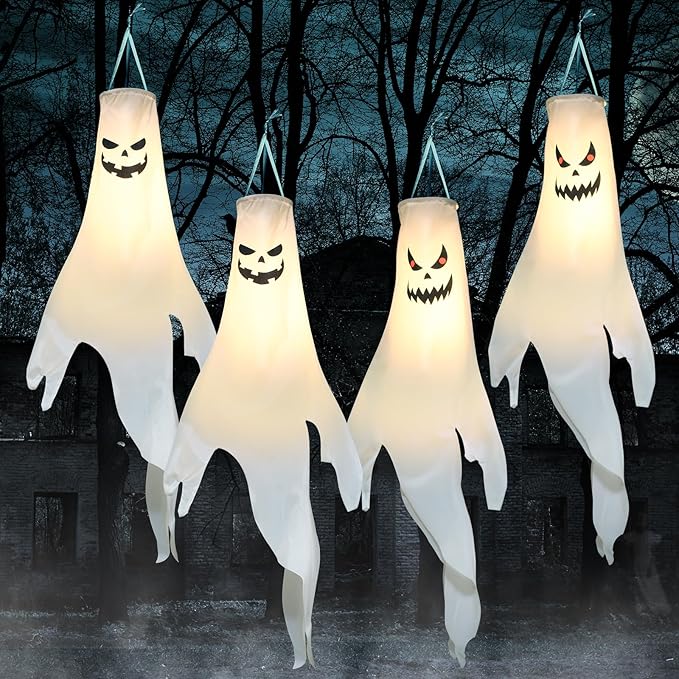 Halloween-Decorations-Outdoor Hanging-Ghost Windsocks for Trees with Timer, LED Ghosts to Hang in Tree Porch Yard, Waterproof, Timer, 4 Pcs (No Batteries)