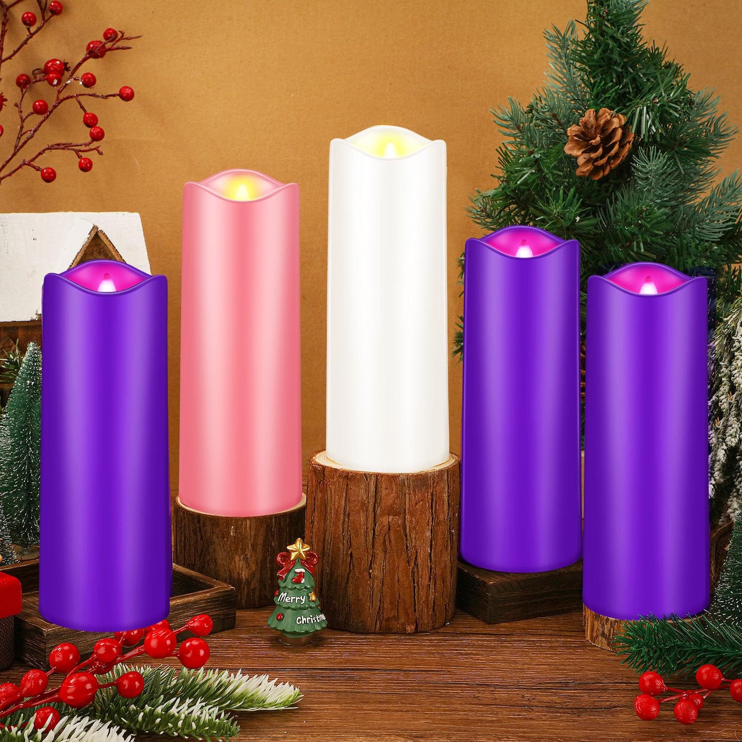 Mudder 5 Pcs Christmas Advent Pillar LED Flameless Candles - Purple, Pink, White Taper Candles for Wreath