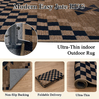 LIVEBOX Easy Jute Runner Rugs for Hallway 2x10, Non Slip Washable Rug Runner, Checkered Extra Long Rugs for Hallways, Ultra Thin Farmhouse Kitchen Rug for Hardwood Floor