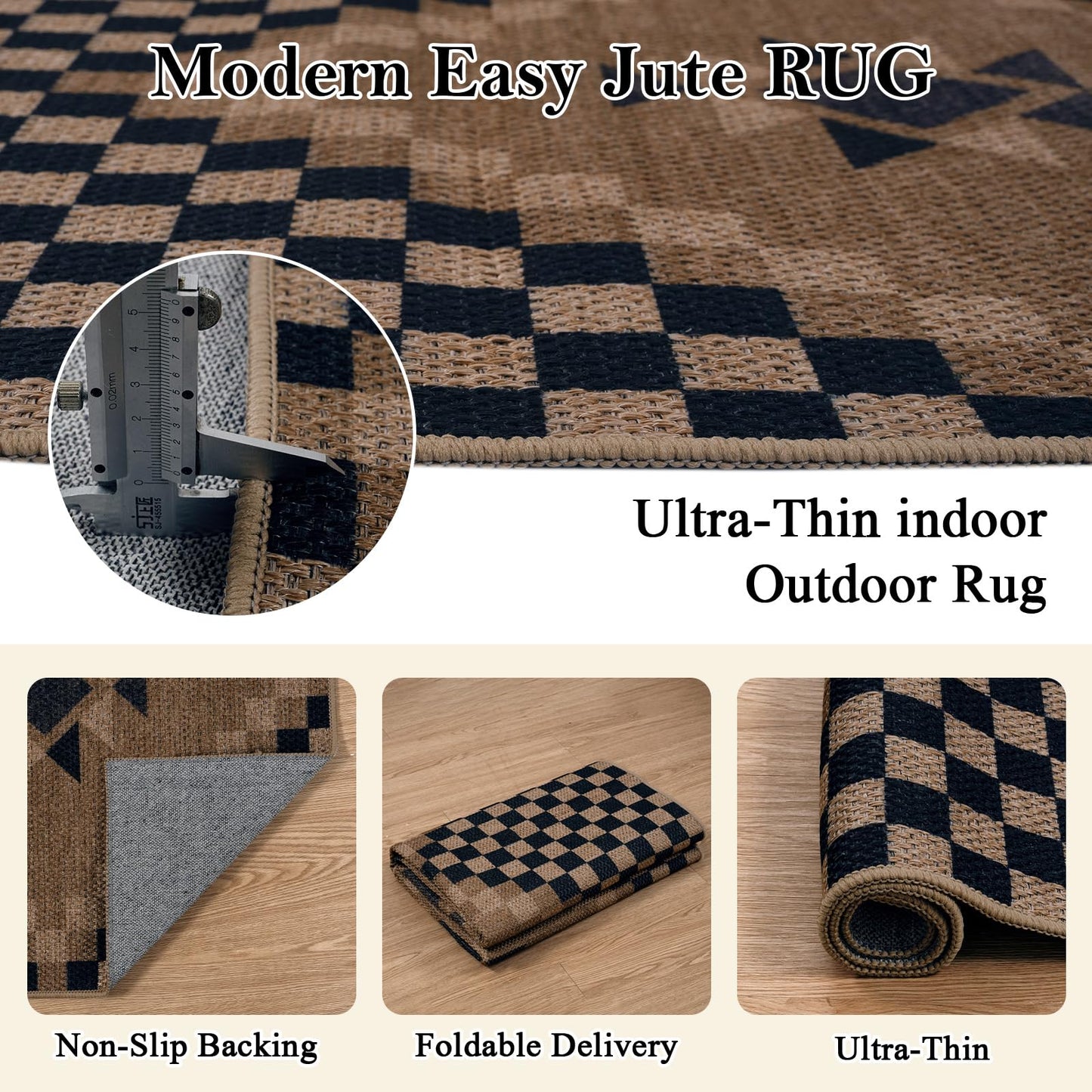 LIVEBOX Easy Jute Runner Rug for Entryway, 2x6 Runner Rug Kitchen Rugs Non Slip, Washable Black Checkered Indoor Runner Rugs for Laundry Room Bedroom, Carpet Runners for Hallway 6ft