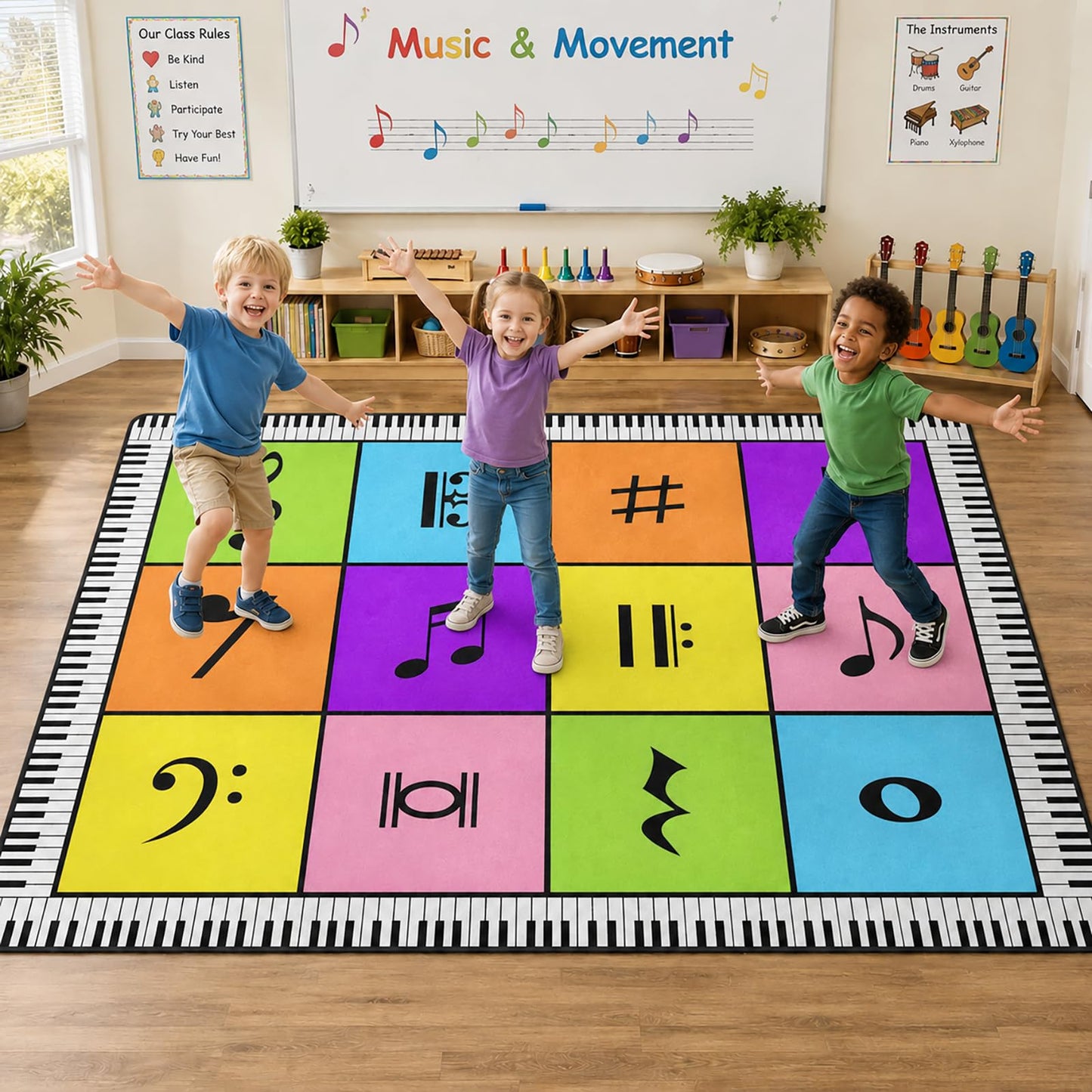 ALALAL Colorful Music Note Rug, Classroom Seating Rug with 12 Seats - 5x7 Ft Kids Playmat Rugs with Rubber Backing, Educational Carpet for Preschool Bedrooms Game Room Music Studio